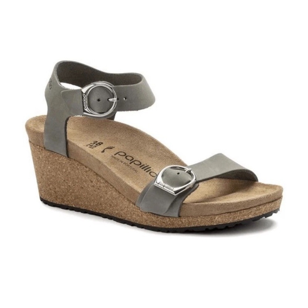Papillio Birkenstock Women EU 39 US 8 Dove Gray Leather Cork Wedge Sandals